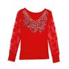 Spring Autumn Women's Lace Sleeve Patchwork T-Shirt Elegant V-neck Tees Slim Ladies Tops With Rhinestone Flower