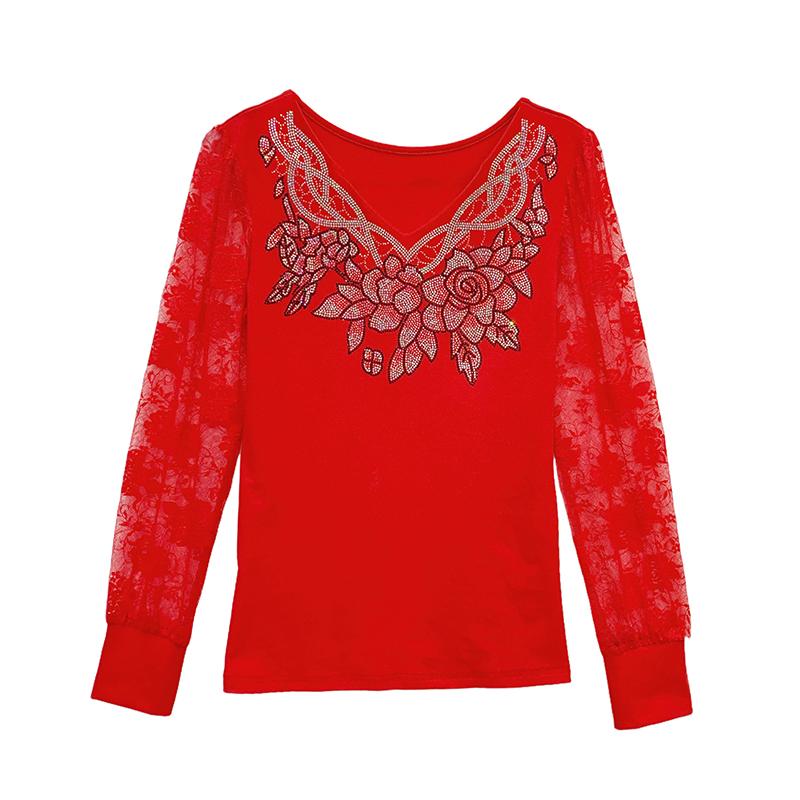 Spring Autumn Women's Lace Sleeve Patchwork T-Shirt Elegant V-neck Tees Slim Ladies Tops With Rhinestone Flower