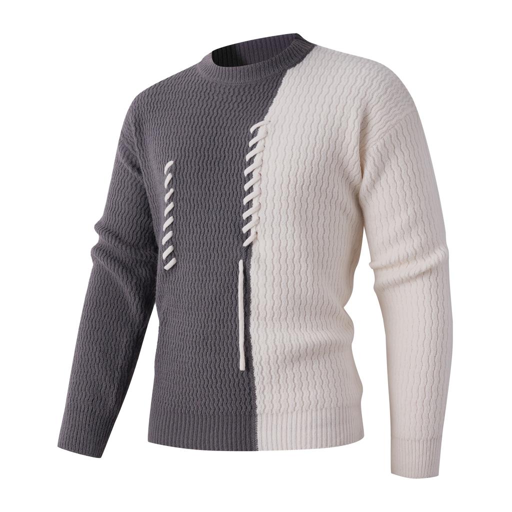 Autumn And Winter Men'S Crew Neck Color Matching Sweater Woven Rope Youth Leisure Bottoming Knitted Sweater