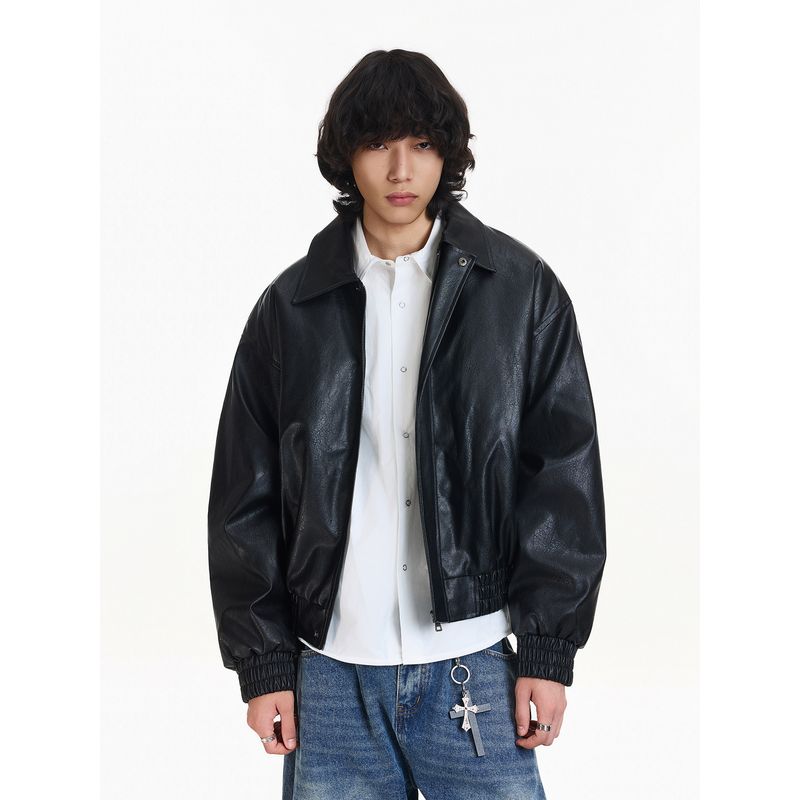 Blaexit Winter Retro Short Padded Leather Jacket Men's Thickened Boxy Short Wide Flight Jacket Cotton Coat