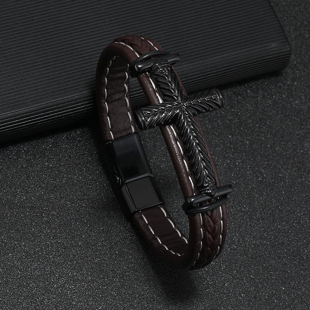 

Trendy Mens Braided Leather Bracelet With Cross Buckle Stylish Wristband For Men Fashion Accessories темно-коричневого кольору