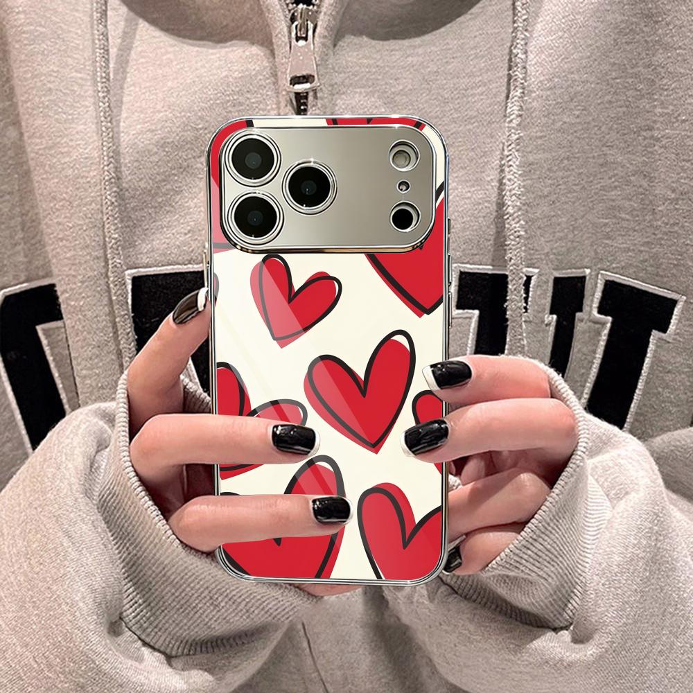 INS Fashion Heart Phone Case For iPhone 17 16 15 14 13 12 Pro Max Plus Electroplated Metal Shockproof Bumper Case Glass Back