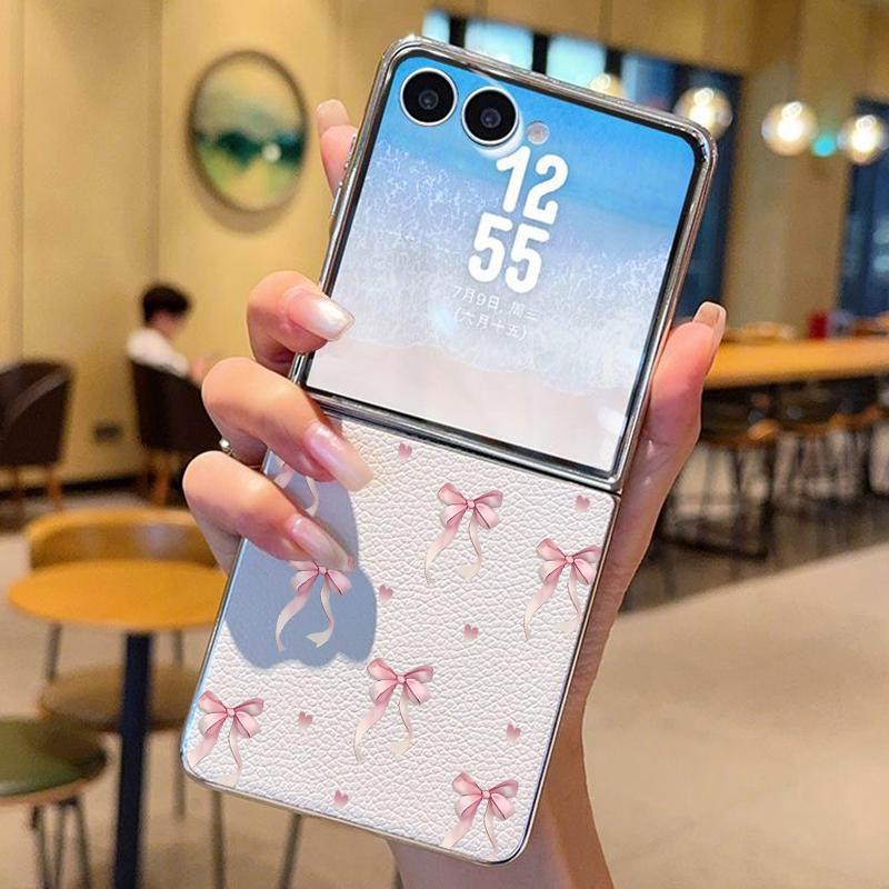 Pink Bowknot Print PU Leather Phone Case For Samsung Galaxy Z Flip7 FE Flip6 Flip 7 6 5 5G Silver Plating Frame Hard Back Cover