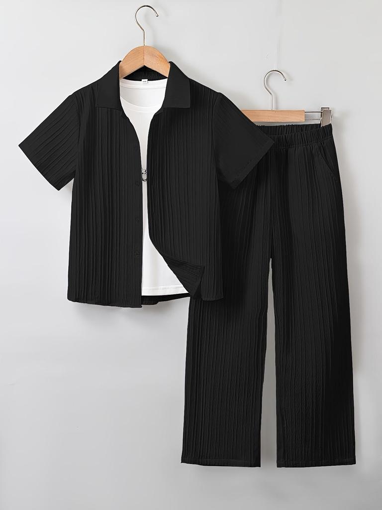 Conjunto de dos piezas para niño 130-170cm Camisa de rayas con textura casual y ligera para negocios y Pantalones