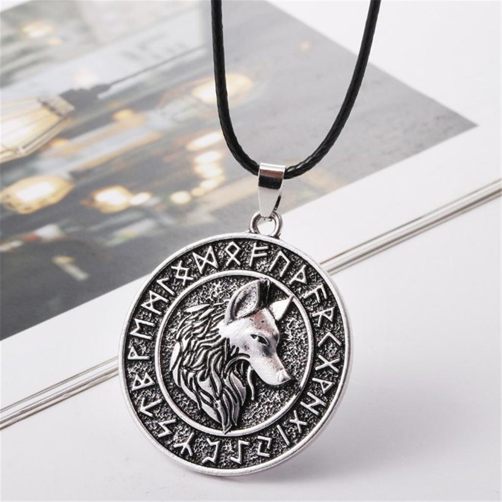 Men Fashion Vintage Silver Norse Viking Letters Wolf&Vegvisir Rune Amulet Alloy Pendant Necklace