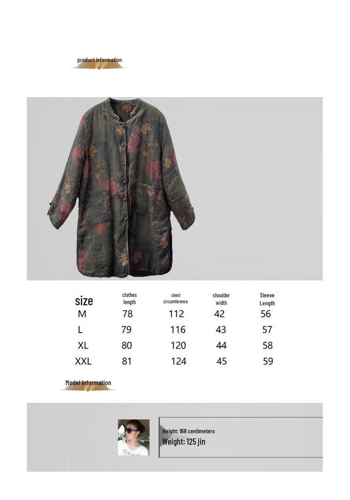 2026 Autumn Retro Print Women's Cotton-Linen Mid-Length Casual Frog Button Jacket