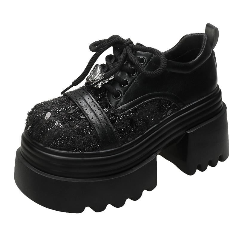 Fashion 9.5CM Spring Women Bling High Heels New 2025 Platform Casual Walking Shoes Non-slip Wedges Leather Chunky Sneakers Lace-up Pumps