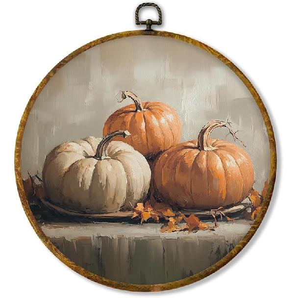shiviody Fall Halloween Pumpkin Canvas Wall Art Decor, Autumn Halloween Hat Wall Art, Dark Moody Thanksgiving Round Hanging Frame Prints Decorations