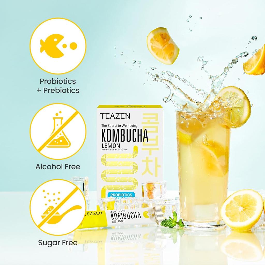 TEAZEN Lemon Kombucha Tea, bez cukru, musująca, fermentowana, w proszku, żywe probiotyki i prebiotyki, 10,30 saszetek po 5 g na saszetkę