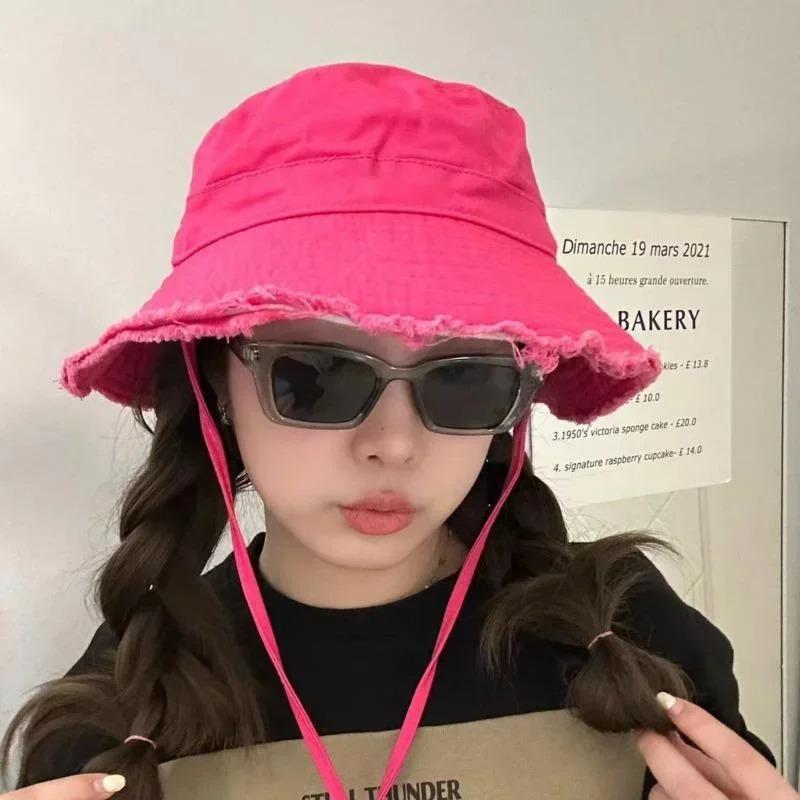 Fashion Fisherman Hats Foldable Bob Bucket Hat with Big Brim Sunscreen with Adjust Chin Rope Caps Beach Fishing Gorras Hat Women