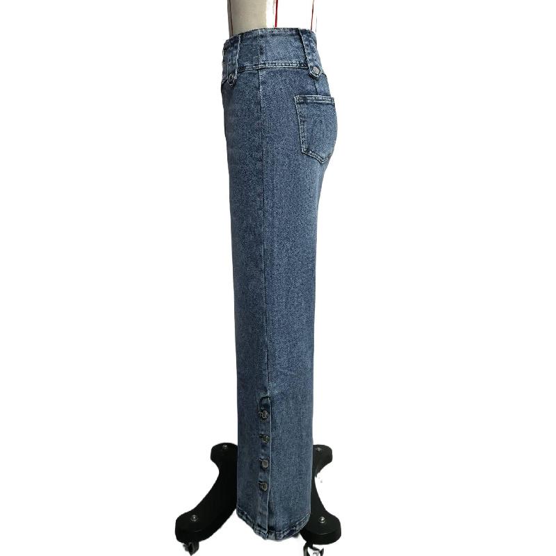 2026 Spring/Summer New Women's High-Waisted Vintage Buttoned Denim Wide-Leg Pants with Split Hem