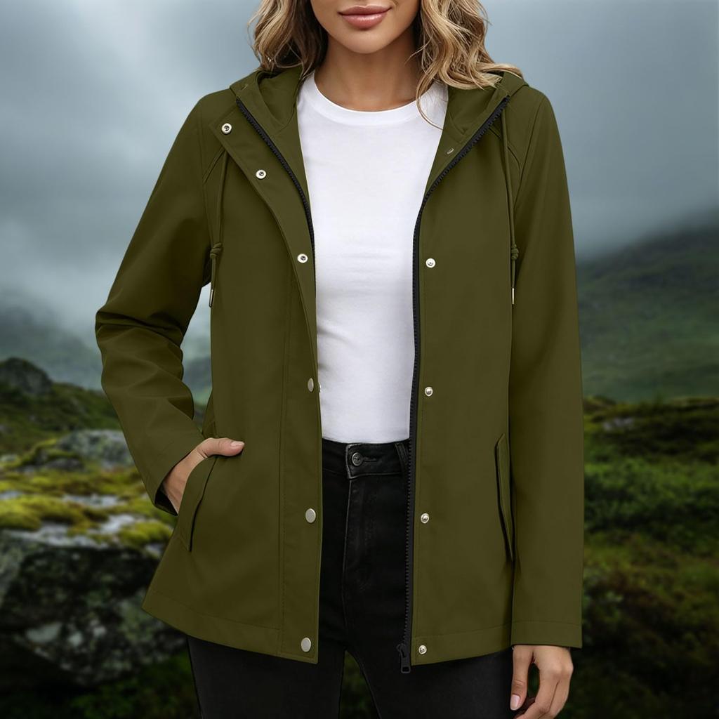 Wasserdichte Winddichte Kapuzenjacke für Damen mit durchgehendem Reißverschluss, Leichter atmungsaktiver Outdoor-Regenmantel, Shell mit verstellbarer Kapuze und Taschen