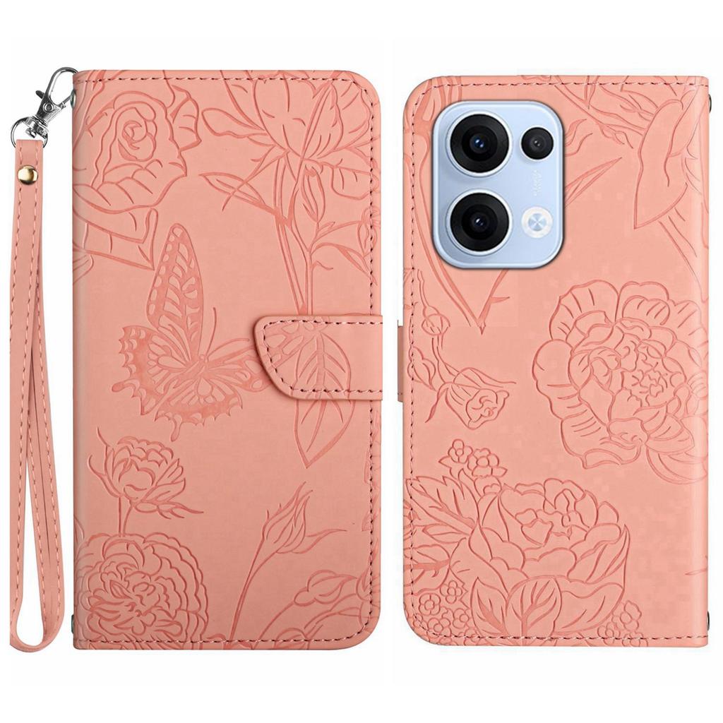 For Oppo Reno13 5G (Global) Case Butterfly Flower Imprinted Leather Phone Cover with Strap