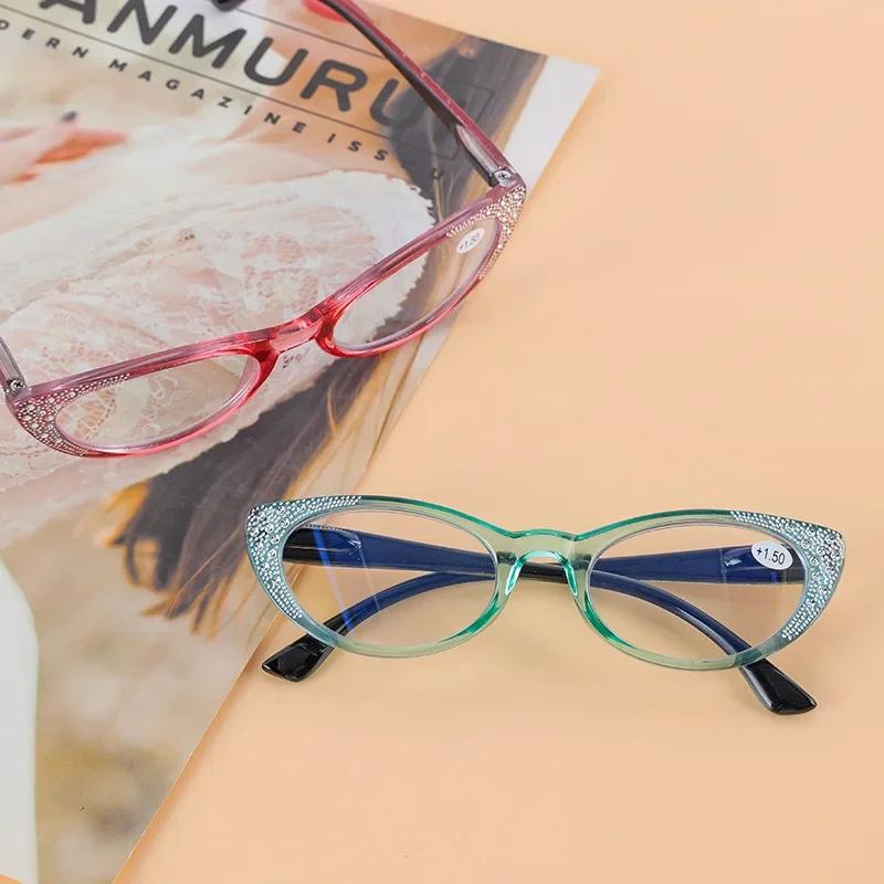 New Cat's Eyes Reading Glasses Women Fashion Diamond Plated Blue Light Proof Presbyopia Eyeglasses  +0.75 To +3.5