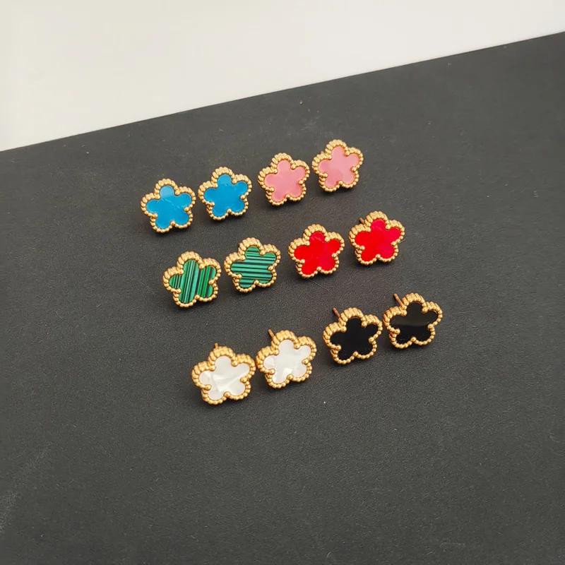 Double-sided Plant  Flower Necklace Earrings Zircon Set for Women Stainless Steel Water Proof Clover Zircon Gifts