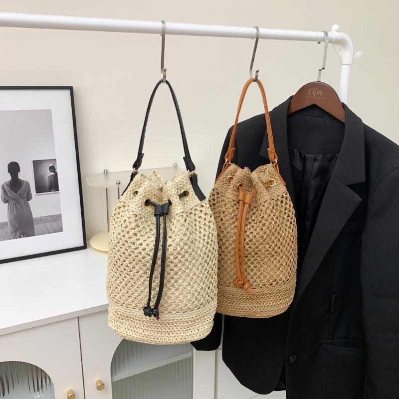 Women's Large Capacity Straw Bucket Shoulder Bag Hollow Braid Versatile Simple Casual Crossbody Bags Fashion
