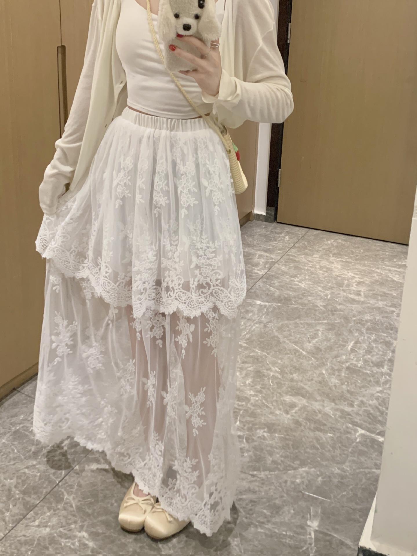 

Plus Size Women s High Waist Retro Lace Midi Skirt - Slimming French Style 2026 Summer Collection L белый