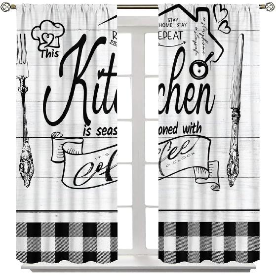 Farmhouse Rustic Kitchen Curtains, Vintage Fork Spoon Barn Rustic Plank Cafe Curtains Home Living Room Bedroom Blackout Curtains 2 Panels 42x45