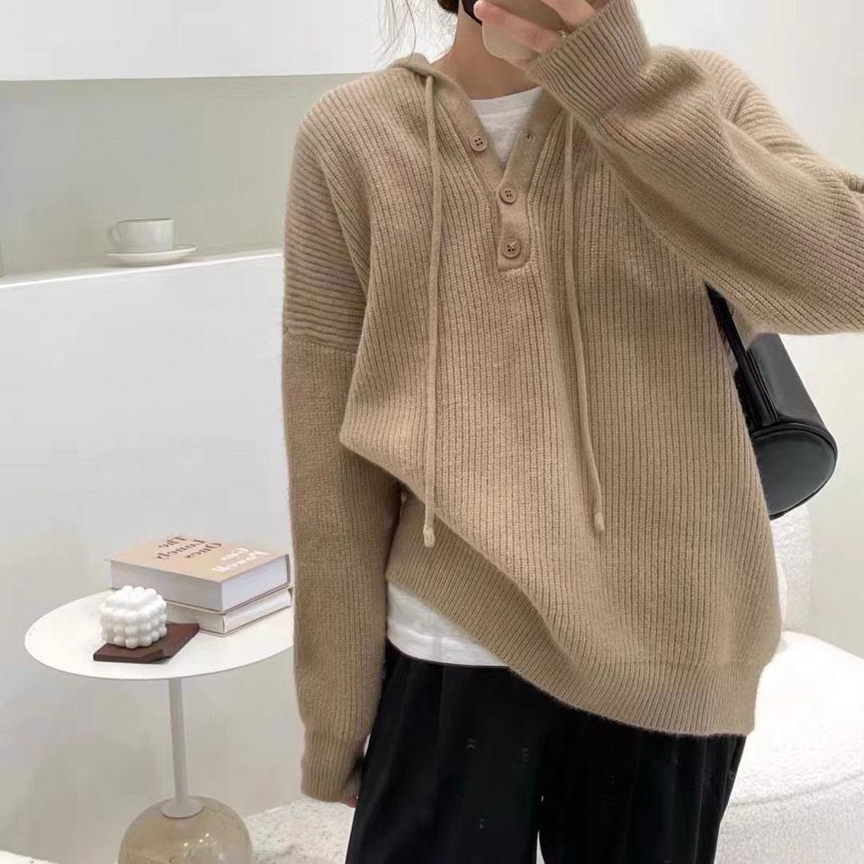 

Пуловер осень-зима 2022, новый однотонный свитер с капюшоном, женская верхняя одежда, свободный универсальный пуловер с ленивым ветровым топом, свитер One Size хаки