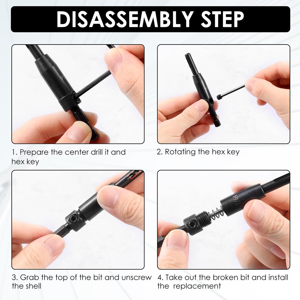 Self Centering Hinge Drill Bit Set with 10 Twist Drill Bits 1/4” Quick Change Hinge Center Drill Bits Hex Key for Woodworking