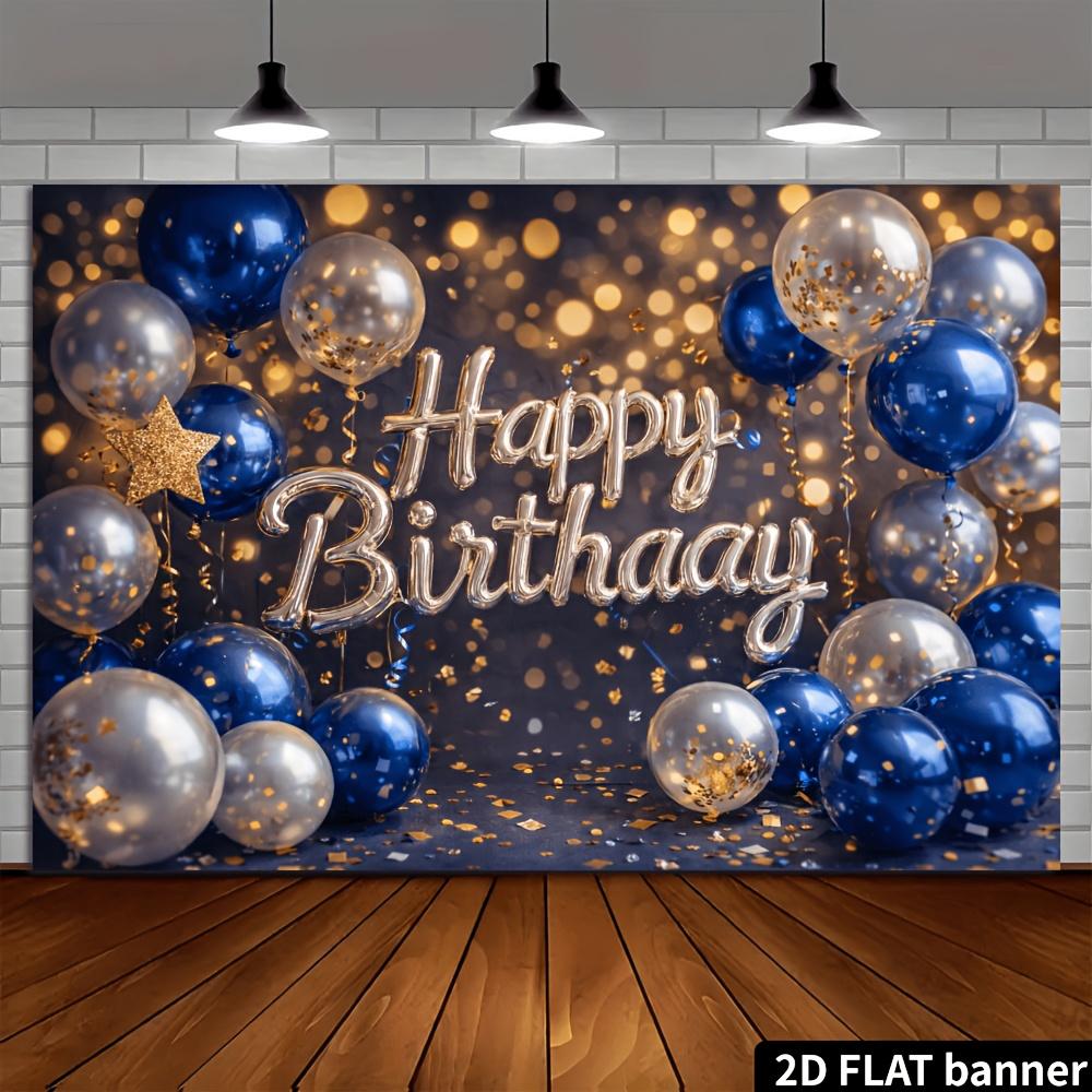 2D plane 1 birthday party blue silver gold balloons theme warm light background and gold foil stars
