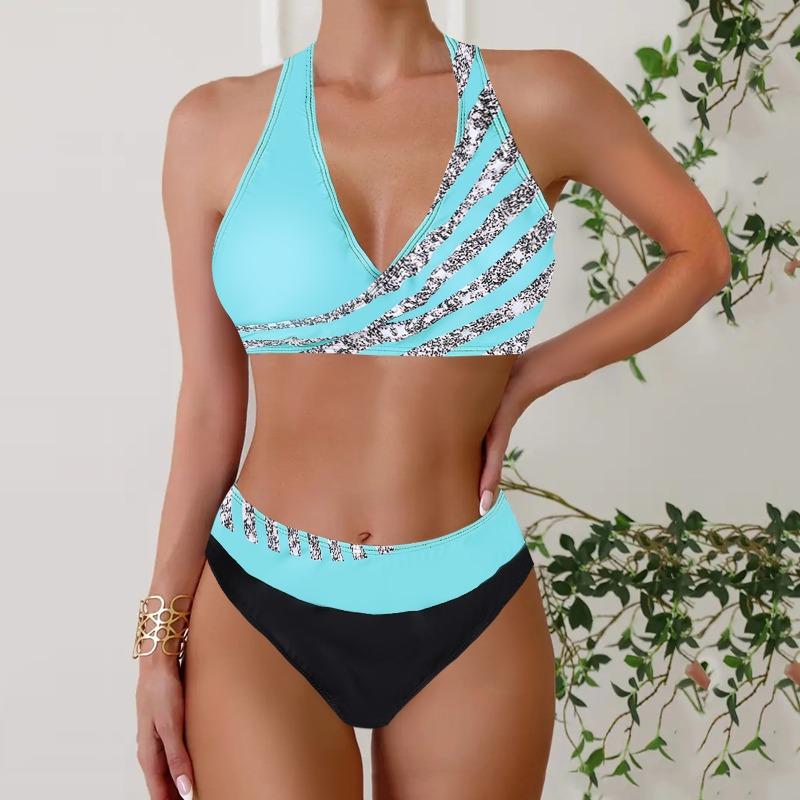 New Bikini Split Print Swimsuit Women's Splicing Gathering Swimsuit