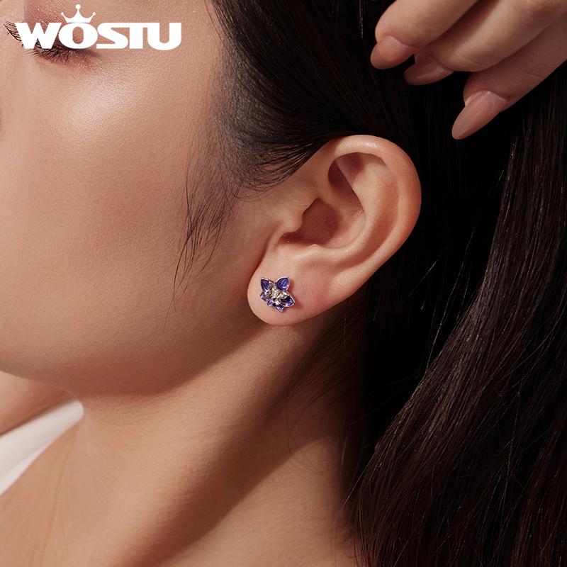 WOSTU 925 Sterling Silver Purple Orchid Flower Ear Studs Butterfly Stud Earrings For Women Original fine jewelry gift For mom