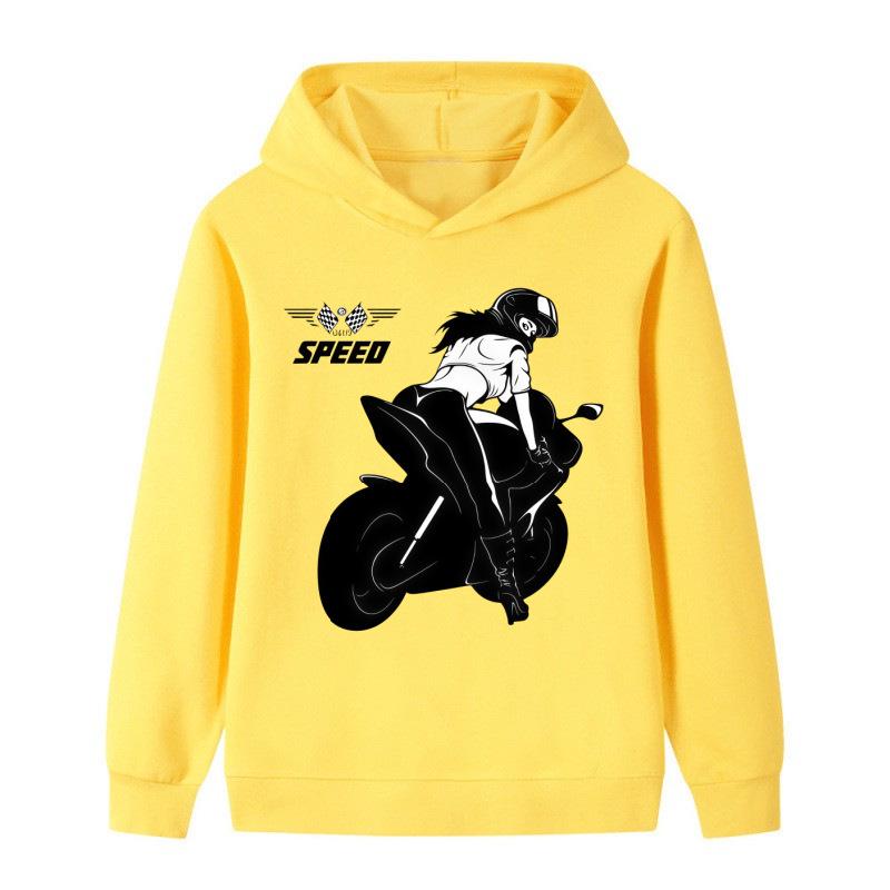 2026 Kids Unisex Hoodie: Black & White Silhouette Female Motorcycle Rider SPEED Racing Theme