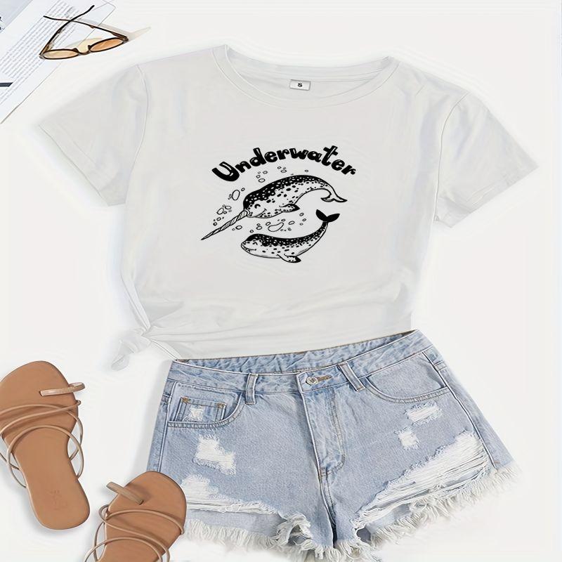 Cartoon Shark & Letter Shirt Short Sleeve Neck Fashion Casual Sport Basic Clothes Harajuku Style Summer Women'S Graphic T-Shirts