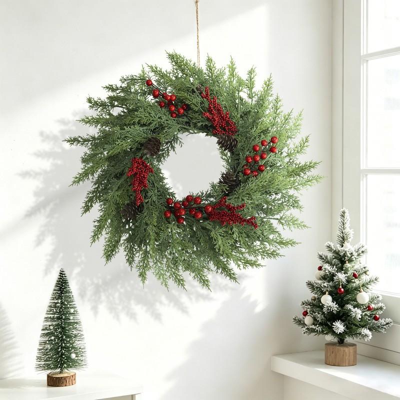 Christmas Wreath Decorative Hanging Garland With Pine Cones Red Berries Wall Door Home Holiday Decoration