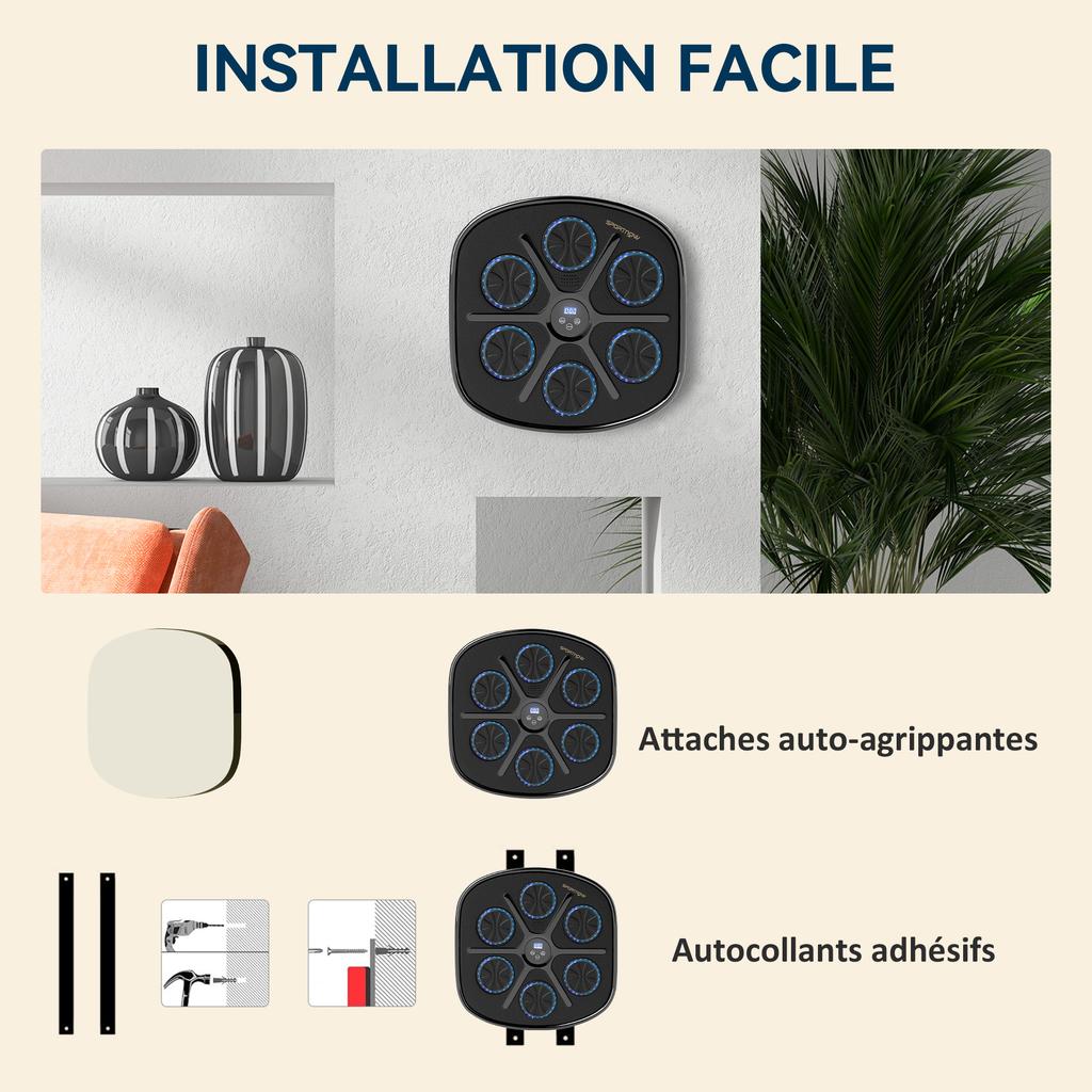 Musical Boxing Machine, Wall-Mounted, 9 Speeds, Bluetooth, Gloves, 41.8 x 44.6 x 7.5 cm, Black