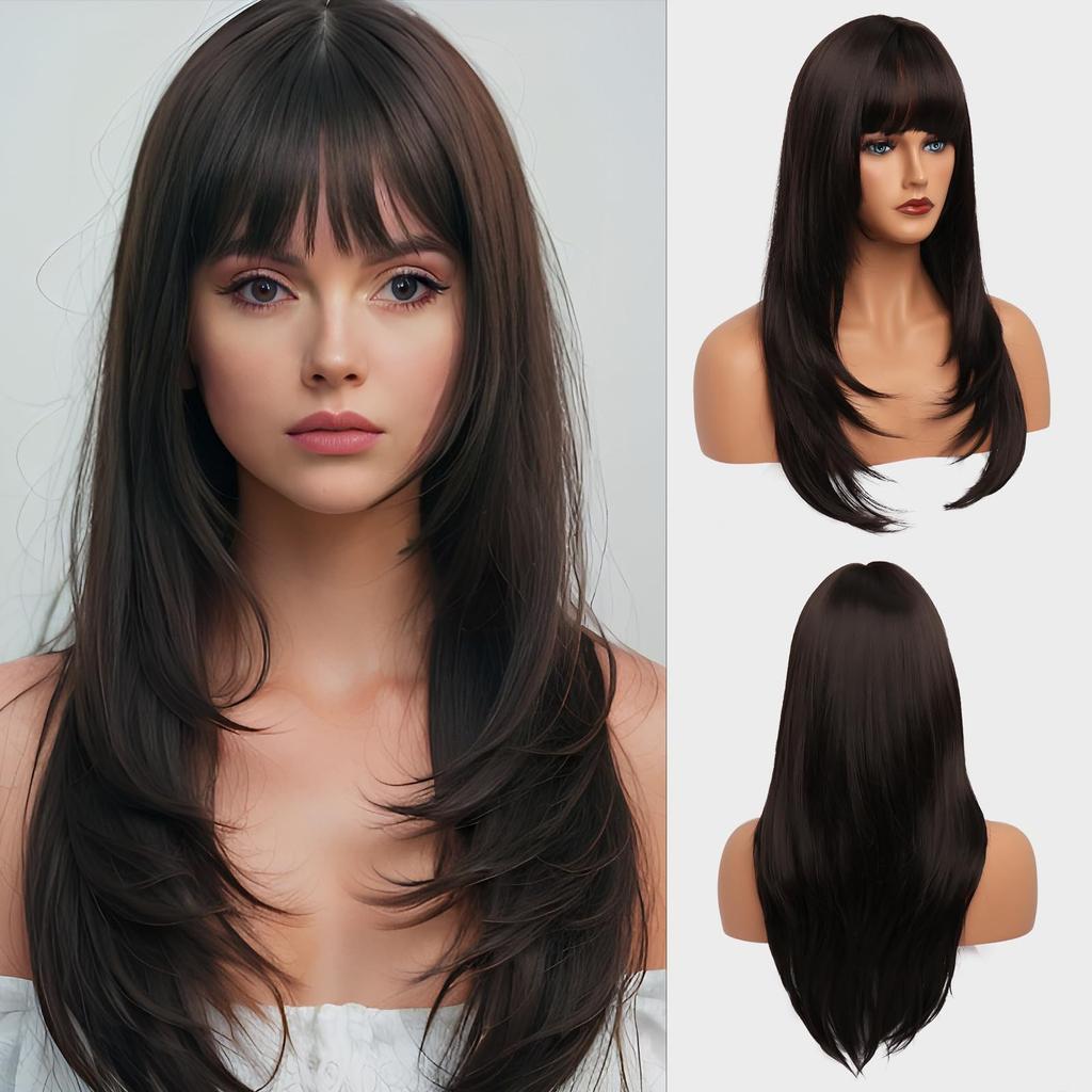 European American Gold Long Hair Wig Women's Bangs Straight Layered Full Head Hairstyle Synthetic Fiber