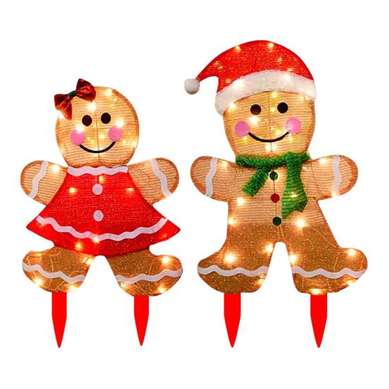 2 Pcs Christmas Gingerbread Man Yard Sign Lighted Gingerbread Boy And Girl Sign with Stake for Outdoor Lawn Patio Garden Decor