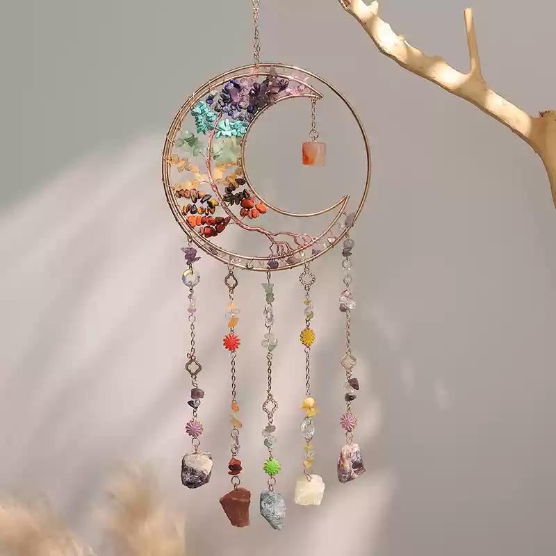 High-End Colorful Crystal Stone Dream Catcher Wind Chime Sun Catcher Decoration for Room Balcony Hanging Ornament Home Decor