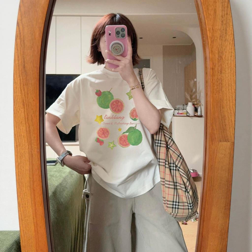 White Korean Girl Guava Print Short-sleeved T-shirt Women's Summer Loose Design Sense Niche Unique Beautiful Clothes