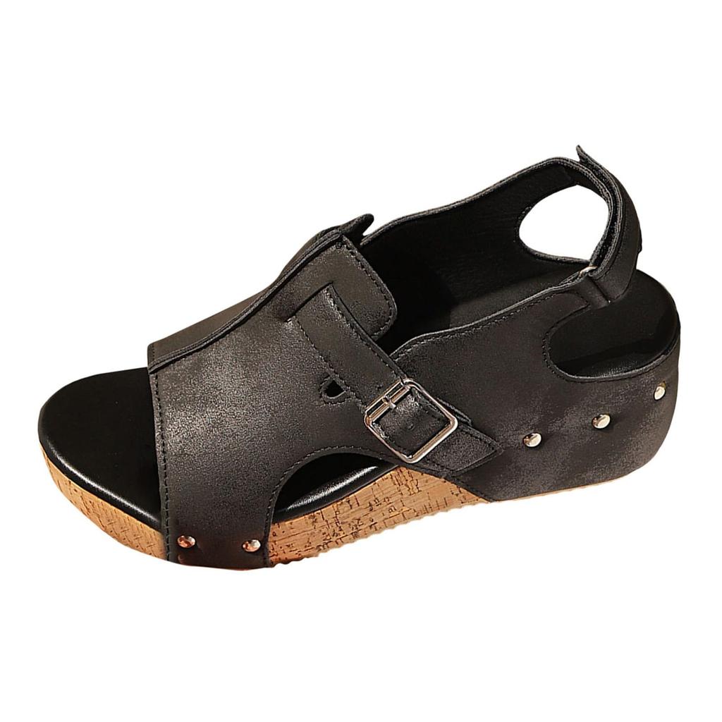 Women's Plus Size Wedge Sandals Open Toe Buckle Strap Retro Style Comfortable Casual Footwear for Summer