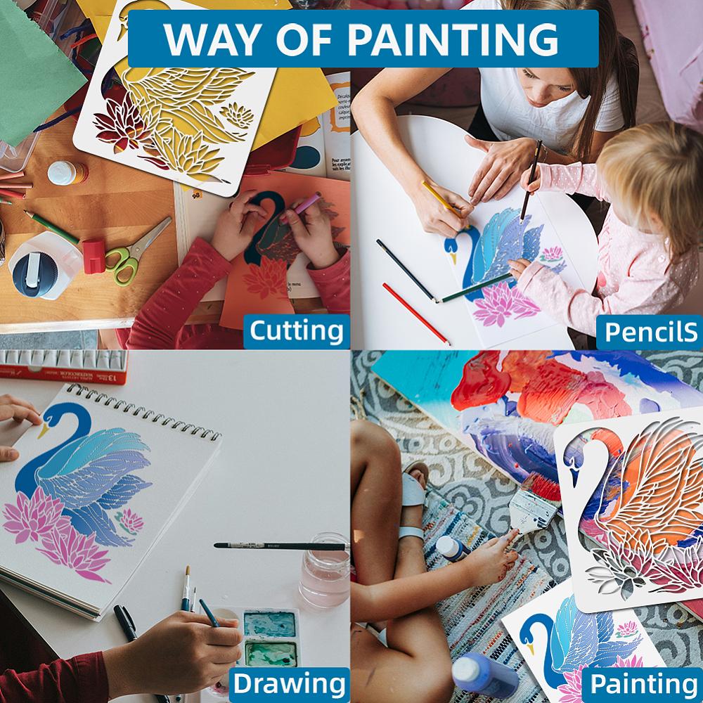 1Pc PET Hollow Out Drawing Painting Stencils, for DIY Scrapbook, Photo Album, with 1Pc Art Paint Brushes, Swan, 300x300mm
