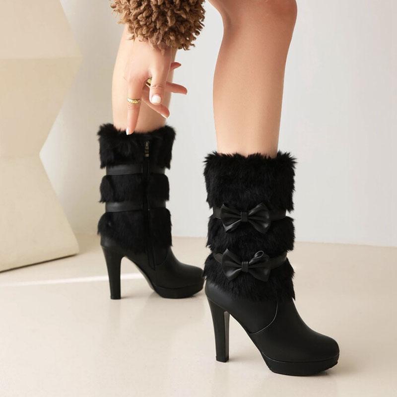 Fashion Black High Heels Mid-calf Boots for Women Faux Fur and Bow-knot Sweet White Pink Winter Women Shoes Platform Boots