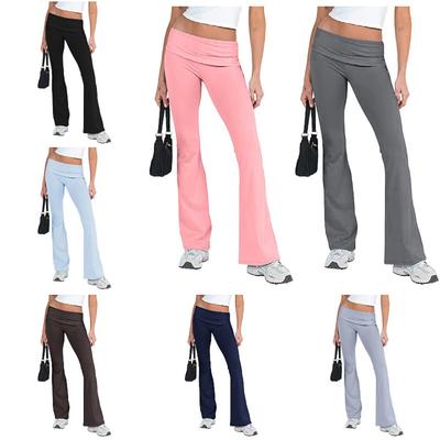 Pantalones casuales de mujer de talle medio, color sólido, con cordón ajustable, ajustados, de campana, de alta elasticidad