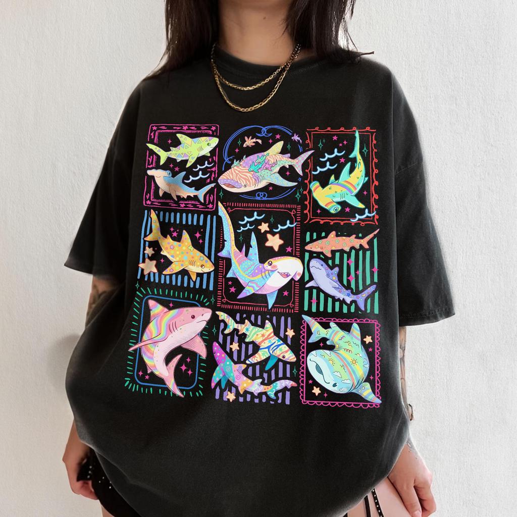 Vintage Pastel Colorful Shark Collage T Shirt Cute Sea Creature Graphic Tee Summer Beach Ocean Lover Casual Clothing