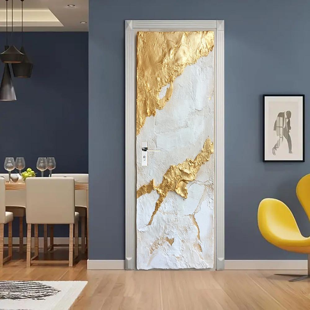 1 Satz/2 Stück Moderne Tür Wandaufkleber, PVC Selbstklebend Abnehmbares Wandbild - Abstrakte Tür Aufkleber Dekoration - Kreative Goldene Textur Tür Wandbild