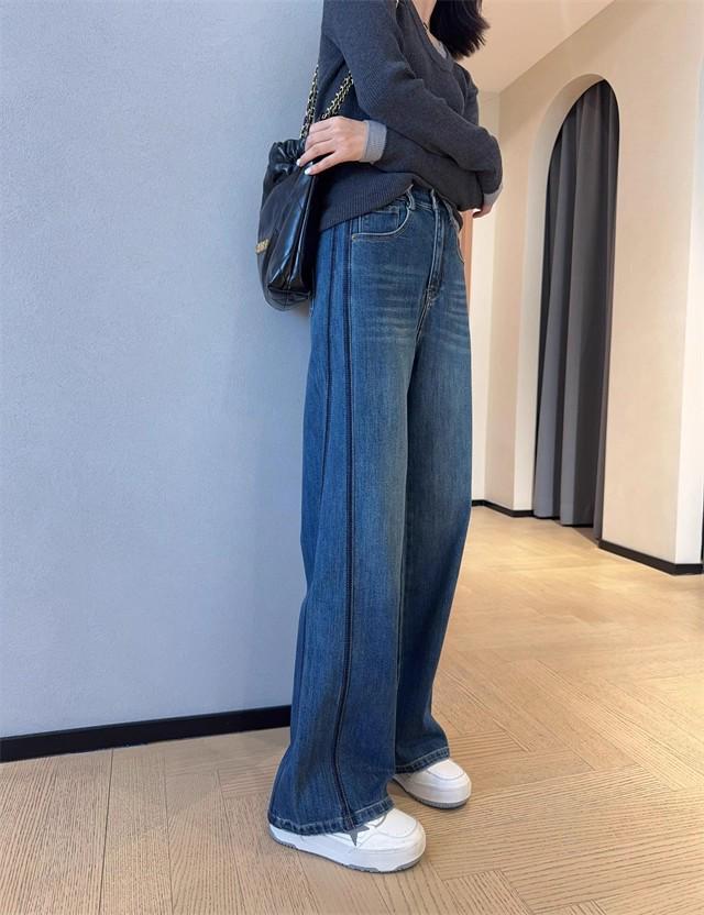 

WTHEONE Fashionable High Waist Color Block Striped Tencel Cotton Wide Leg Jeans - Autumn 2025 Collection Medium синий