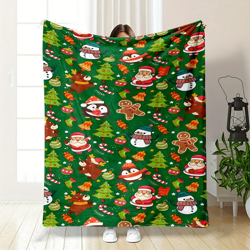 Christmas Pattern with Santa, Trees & Snowmen Patterned Flannel Blanket Perfect for the Bedroom Living Room, Sofa, or a Little Nap