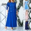 Robe Fausse Deux Pièces Femme Broderie Florale Dentelle Transparente Manches Trois Quarts Col Rond Légère Longue Ample Couleur Unie Grande Taille Élégante