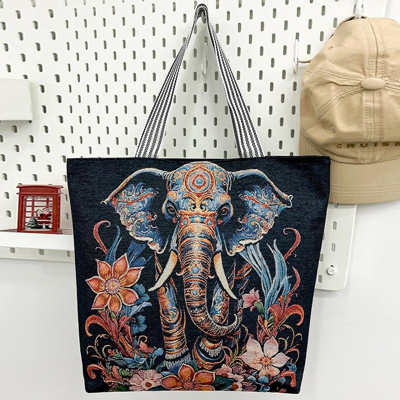 Ethnic Style Handbag Trendy Animal Embroidery Handbag Canvas Women Shoulder Bags Women Grocery Storage Pouch