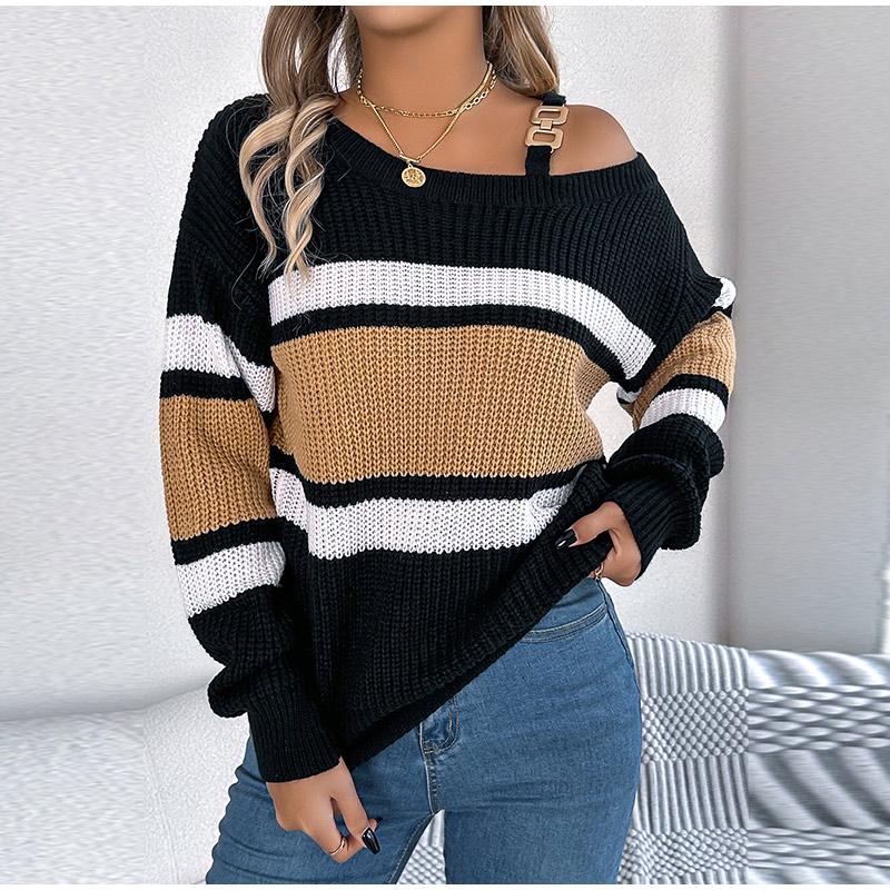 Сексуальный полосатый трикотажный пуловер с вырезом-лодочкой — фото 10