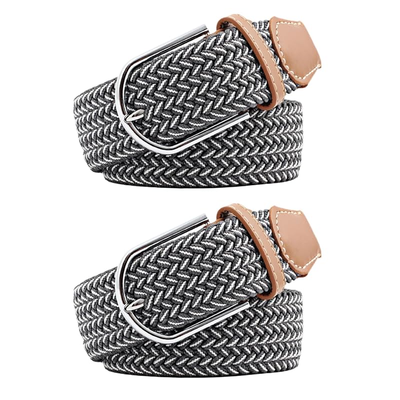 

[RAKUKOU] belt men s mesh belt Set of 2 Free size adjustment braid ladies elastic belt extend casual business gentleman (gray white, 105CM)