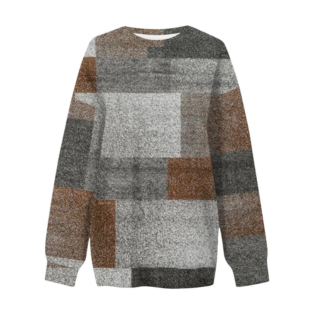 Damen Casual Print Rundhals Lose Langarm Sweatshirt Top Mit Tasche