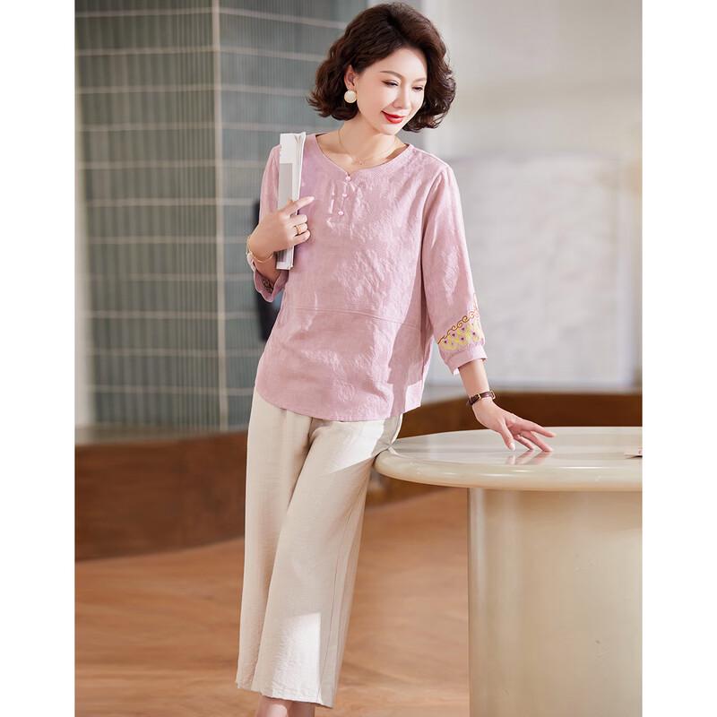 PAST Moms' Summer Breathable Cotton 3/4 Sleeve Top & Pants Set