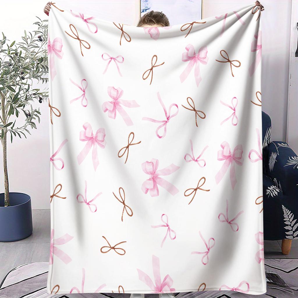 Pastel Bow Pattern Air Conditioning Blanket Cute Pink  Purple Design Nap Blanket for Sofa  Bed Soft Bedroom Decor Gift Blanket